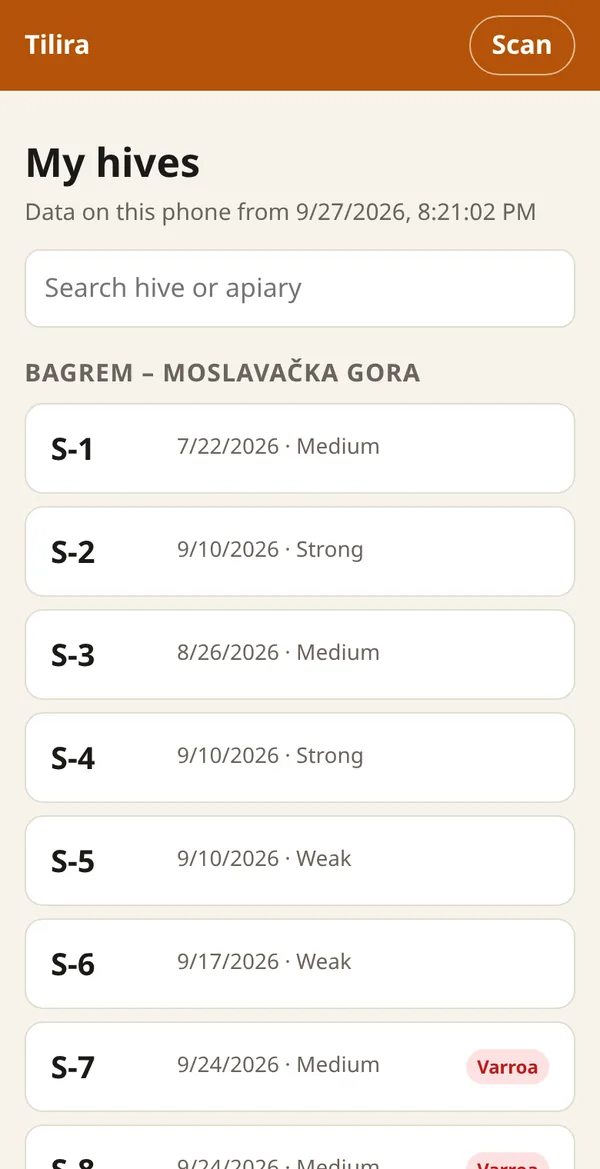 The list of hives in the phone app